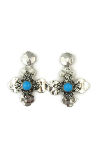 Sleeping Beauty Turquoise Hammered Silver Cross Earrings by Diane Wylie